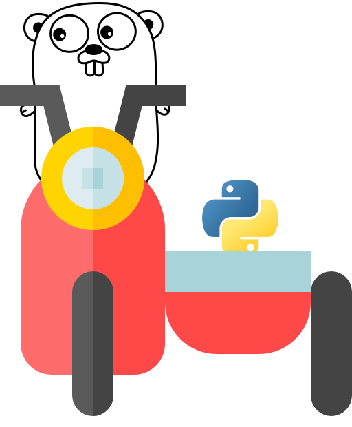 Depiction of a motorcycle with a Gopher, with Python in a sidecar