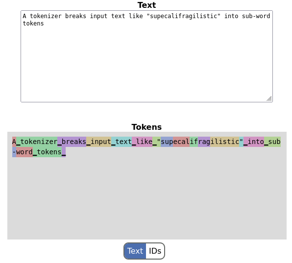 Screenshot of tokenizer with a sample text, showing tokens