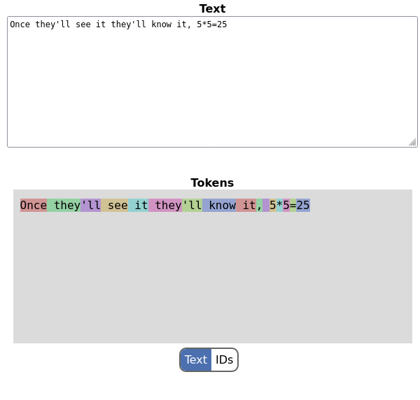 Screenshot of tokenizer with a sample text, showing tokens