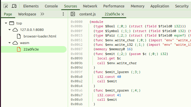 Screenshot showing where WASM source is in DevTools