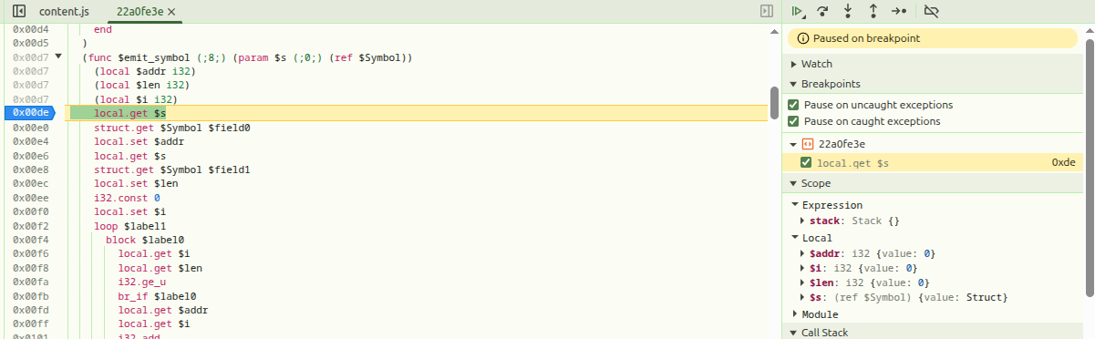 Screenshot showing debugger stopping on the breakpoint line