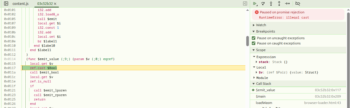 Screenshot showing debugger stopping on an exception