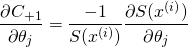 \[\frac{\partial C_{+1}}{\partial \theta_j} = \frac{-1}{S(x^{(i)})}\frac{\partial S(x^{(i)})}{\partial \theta_j}\]